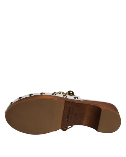 Dolce & Gabbana White Raffia Clogs Bejeweled Chain Sandals Shoes