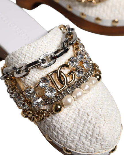 Dolce & Gabbana White Raffia Clogs Bejeweled Chain Sandals Shoes