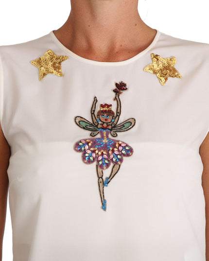Dolce & Gabbana White Silk Embellished Crystal Sequin Fairy Top