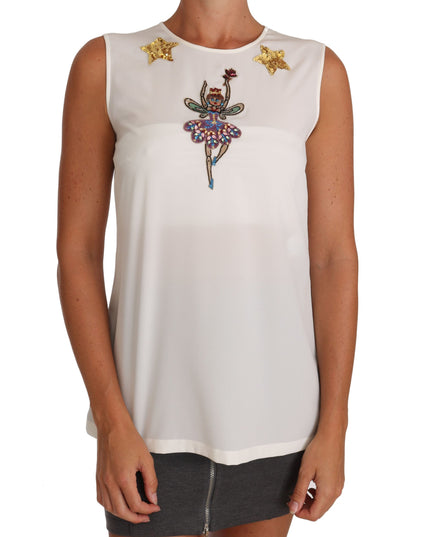 Dolce & Gabbana White Silk Embellished Crystal Sequin Fairy Top