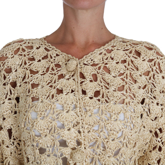 Dolce & Gabbana Beige Cardigan Crochet Knitted Raffia Sweater