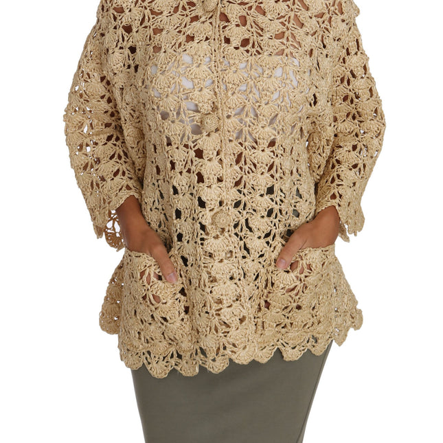 Dolce & Gabbana Beige Cardigan Crochet Knitted Raffia Sweater