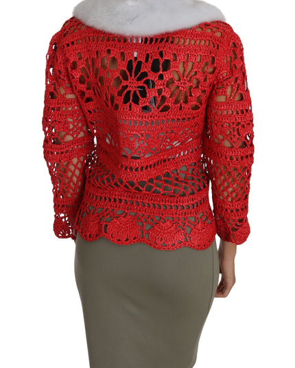 Dolce & Gabbana Red Cardigan Crochet Knit Raffia Sweater