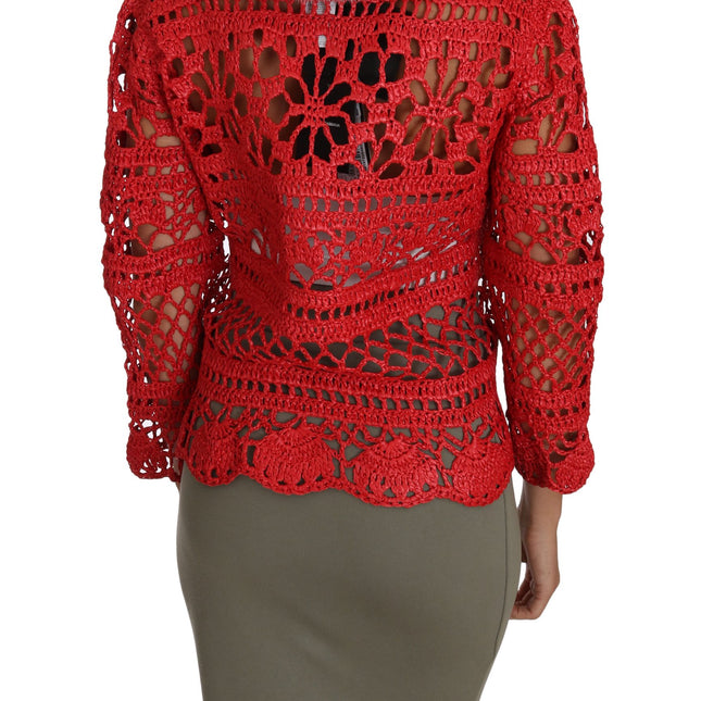 Dolce & Gabbana Red Cardigan Crochet Knit Raffia Sweater