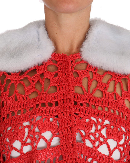 Dolce & Gabbana Red Cardigan Crochet Knit Raffia Sweater