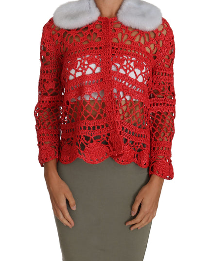 Dolce & Gabbana Red Cardigan Crochet Knit Raffia Sweater