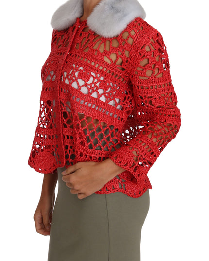 Dolce & Gabbana Red Cardigan Crochet Knit Raffia Sweater