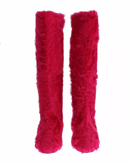 Dolce & Gabbana Pink Lamb Fur Leather Flat Boots Shoes