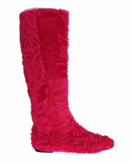 Dolce & Gabbana Pink Lamb Fur Leather Flat Boots Shoes