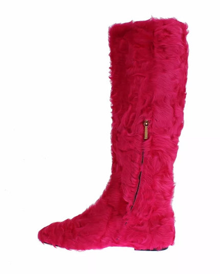 Dolce & Gabbana Pink Lamb Fur Leather Flat Boots Shoes