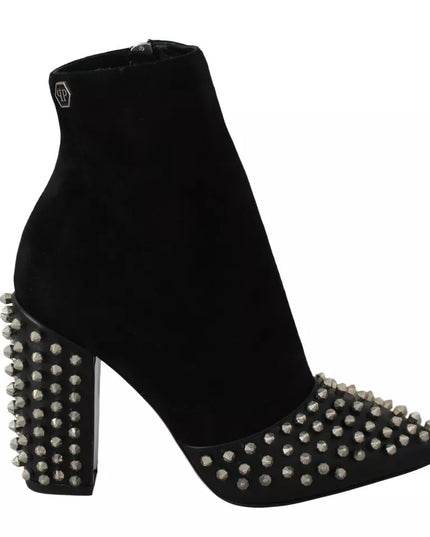 Philipp Plein Black Suede Studded Heels Ankle Boots Shoes