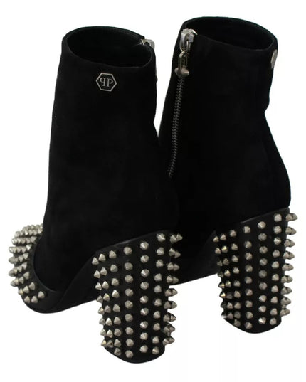 Philipp Plein Black Suede Studded Heels Ankle Boots Shoes