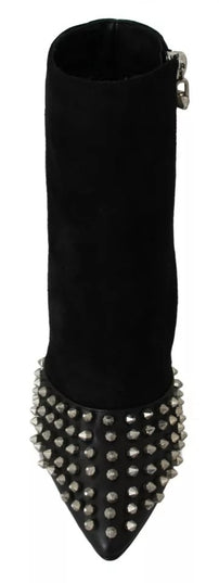 Philipp Plein Black Suede Studded Heels Ankle Boots Shoes