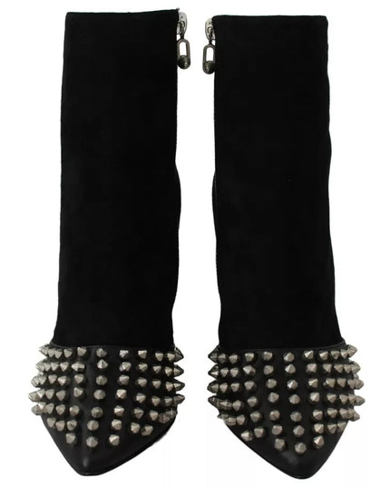 Philipp Plein Black Suede Studded Heels Ankle Boots Shoes