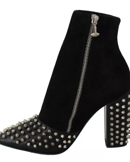 Philipp Plein Black Suede Studded Heels Ankle Boots Shoes