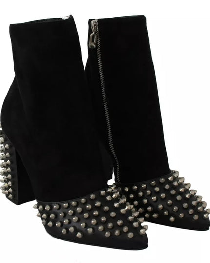 Philipp Plein Black Suede Studded Heels Ankle Boots Shoes