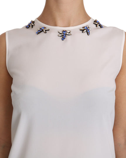 Dolce & Gabbana White Silk Embellished Crystal Dragonfly Top