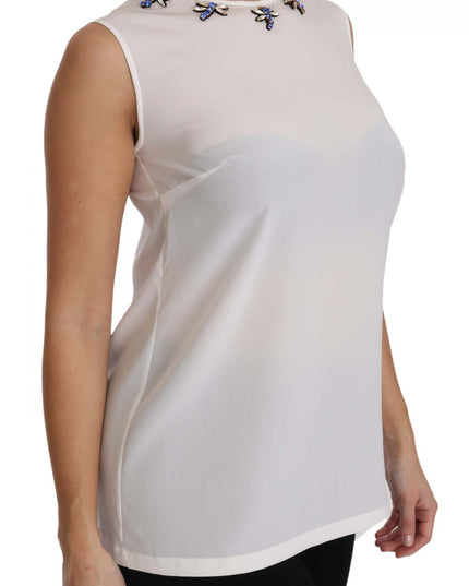 Dolce & Gabbana White Silk Embellished Crystal Dragonfly Top