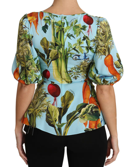 Dolce & Gabbana Multicolor Vegetable Print Silk Top Peplum Wrap Blouse