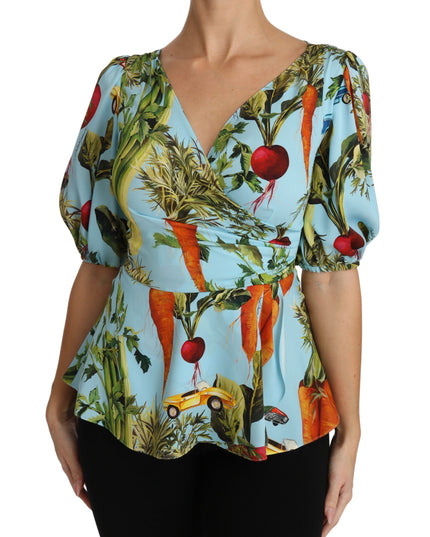 Dolce & Gabbana Multicolor Vegetable Print Silk Top Peplum Wrap Blouse