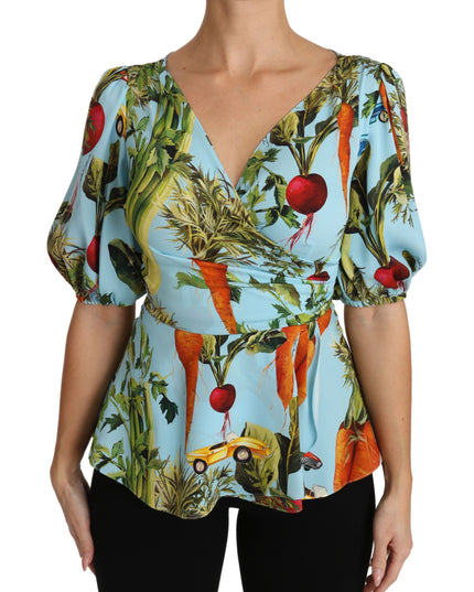 Dolce & Gabbana Multicolor Vegetable Print Silk Top Peplum Wrap Blouse