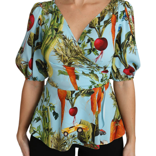 Dolce & Gabbana Multicolor Vegetable Print Silk Top Peplum Wrap Blouse