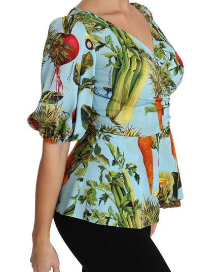 Dolce & Gabbana Multicolor Vegetable Print Silk Top Peplum Wrap Blouse