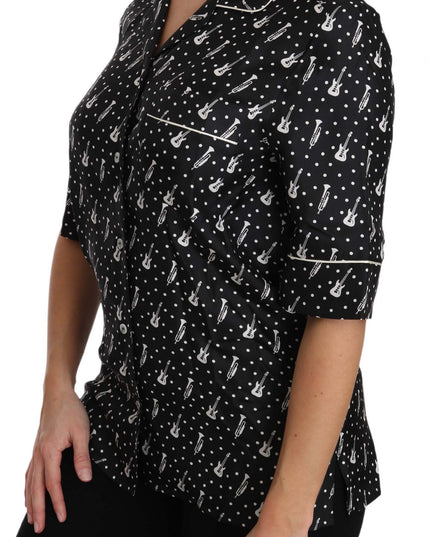Dolce & Gabbana Black GuitarTrumpet Print Silk Shirt Top