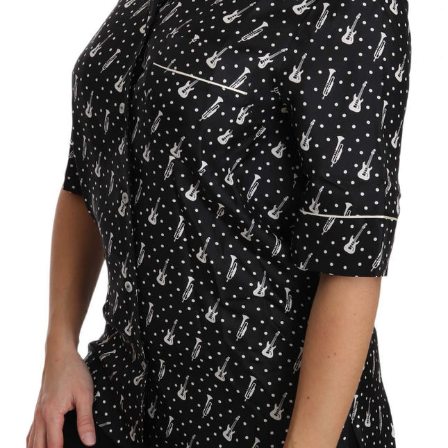 Dolce & Gabbana Black GuitarTrumpet Print Silk Shirt Top