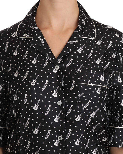 Dolce & Gabbana Black GuitarTrumpet Print Silk Shirt Top