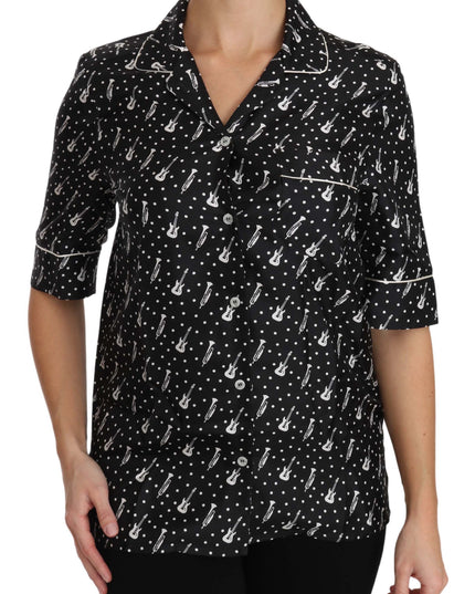 Dolce & Gabbana Black GuitarTrumpet Print Silk Shirt Top