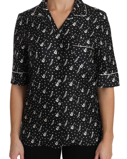 Dolce & Gabbana Black GuitarTrumpet Print Silk Shirt Top