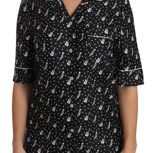 Dolce & Gabbana Black GuitarTrumpet Print Silk Shirt Top