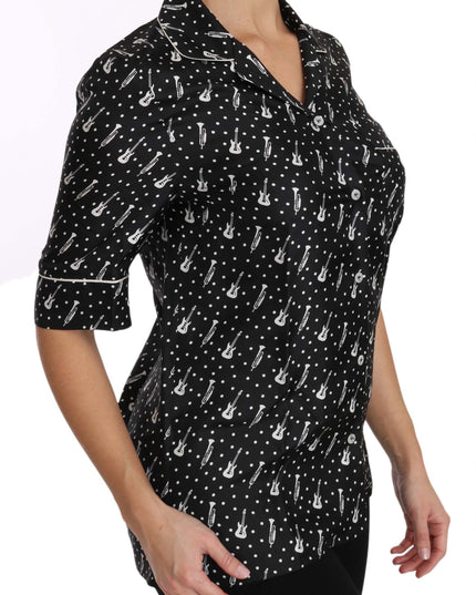 Dolce & Gabbana Black GuitarTrumpet Print Silk Shirt Top