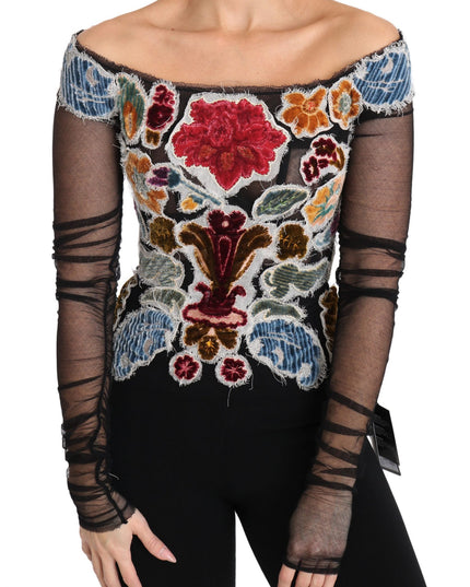 Dolce & Gabbana Black Floral Ricamo Top T-shirt Blouse