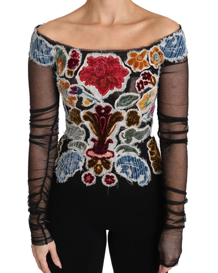 Dolce & Gabbana Black Floral Ricamo Top T-shirt Blouse