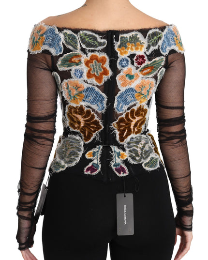 Dolce & Gabbana Black Floral Ricamo Top T-shirt Blouse