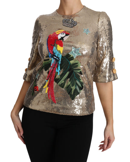 Dolce & Gabbana Gold Sequined Parrot Crystal Blouse
