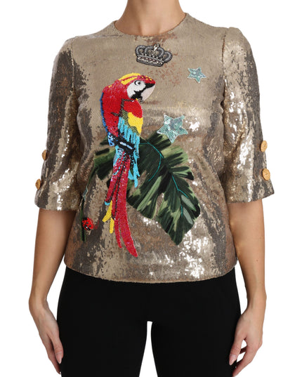 Dolce & Gabbana Gold Sequined Parrot Crystal Blouse