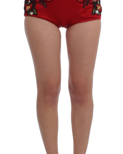 Dolce & Gabbana Red Silk Crystal Roses Shorts