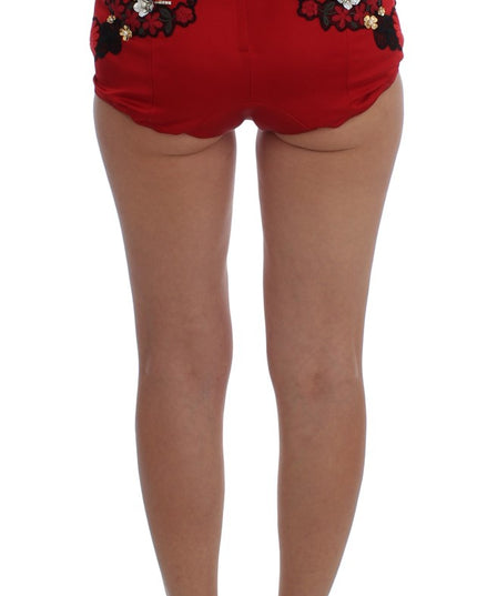 Dolce & Gabbana Red Silk Crystal Roses Shorts