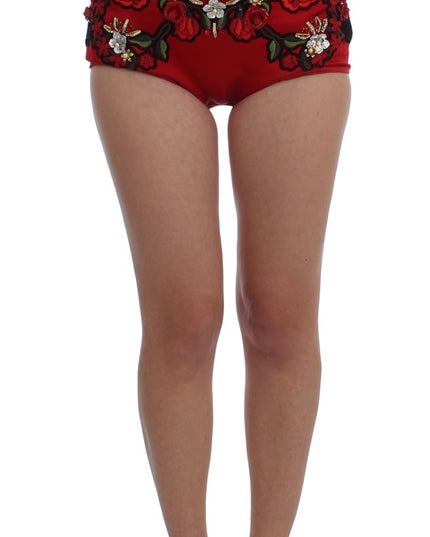 Dolce & Gabbana Red Silk Crystal Roses Shorts