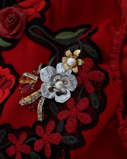 Dolce & Gabbana Red Silk Crystal Roses Shorts