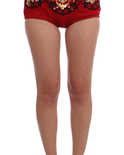 Dolce & Gabbana Red Silk Crystal Roses Shorts