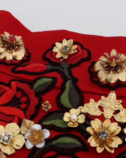 Dolce & Gabbana Red Silk Crystal Roses Shorts