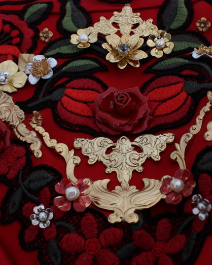Dolce & Gabbana Red Silk Crystal Roses Shorts