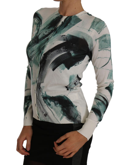 Dolce & Gabbana White Silk Cardigan Lightweight Paint Stroke Sweater