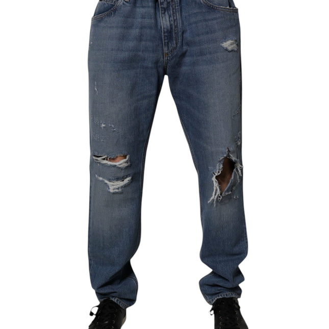 Dolce & Gabbana Blue Tattered Cotton Straight Denim Jeans