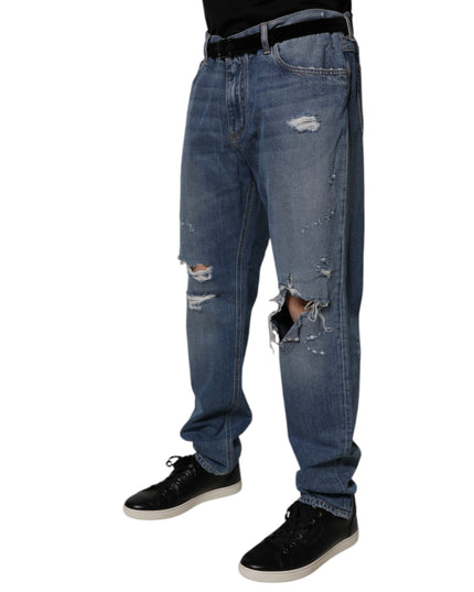 Dolce & Gabbana Blue Tattered Cotton Straight Denim Jeans