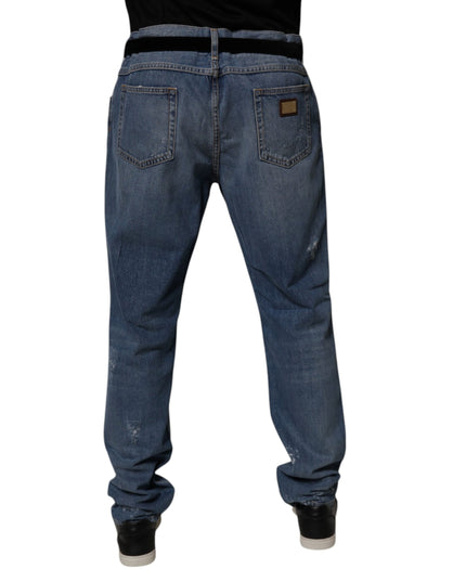 Dolce & Gabbana Blue Tattered Cotton Straight Denim Jeans